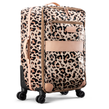 Load image into Gallery viewer, Large 360 wheeled luggage diagonal view in Color 'Leopard Coated Canvas'
