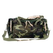 Load image into Gallery viewer, Small Square Duffel - Classic Camo Coated Canvas Front Angle in Color &#39;Classic Camo Coated Canvas&#39;
