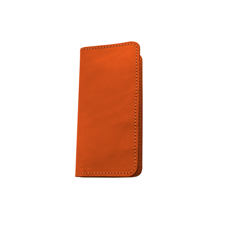 Wood Wallet - Orange Leather Front Angle in Color 'Orange Leather'