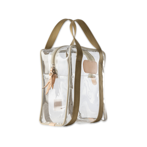 Quality made in America clear toiletry, hunting or golf ball bag with leather patch to personalize with initials or monogram