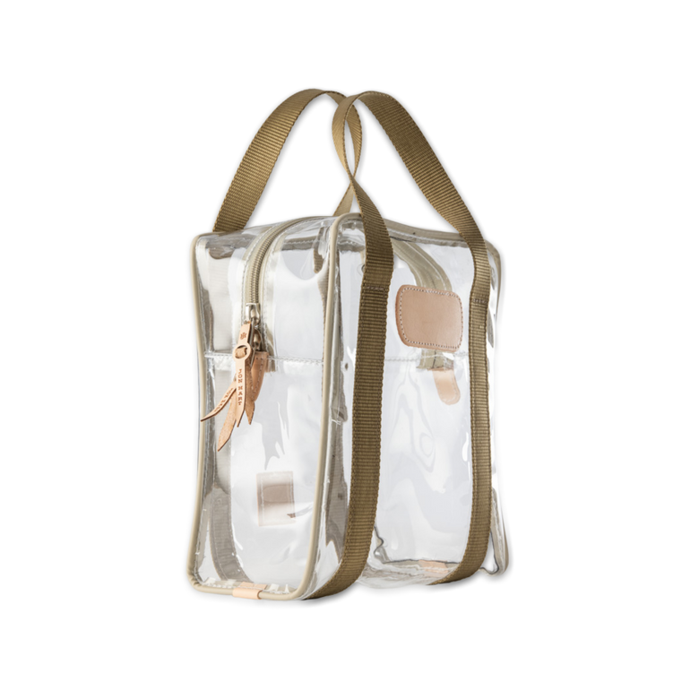 Quality made in America clear toiletry, hunting or golf ball bag with leather patch to personalize with initials or monogram