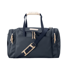 Load image into Gallery viewer, Medium Square Duffel - Navy Coated Canvas Front Angle in Color &#39;Navy Coated Canvas&#39;
