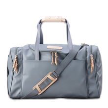 Load image into Gallery viewer, Quality made in America durable coated canvas duffle bag with natural leather patch to personalize with initials or monogram
