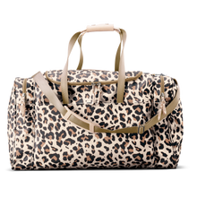 Load image into Gallery viewer, Large Square Duffel - Leopard Coated Canvas Front Angle in Color 'Leopard Coated Canvas'