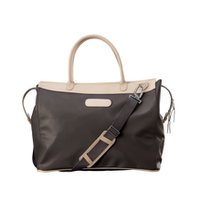 Load image into Gallery viewer, Burleson Bag - Espresso Coated Canvas Front Angle in Color 'Espresso Coated Canvas'