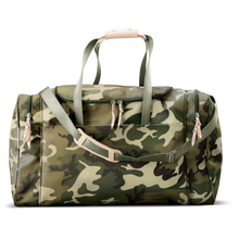 Load image into Gallery viewer, Large Square Duffel - Classic Camo Coated Canvas Front Angle in Color 'Classic Camo Coated Canvas'