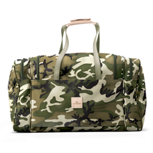 Load image into Gallery viewer, Large Square Duffel - Classic Camo Coated Canvas Front Angle in Color 'Classic Camo Coated Canvas'