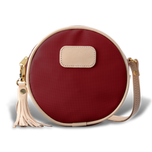 Load image into Gallery viewer, Quality made in America round durable coated canvas crossbody handbag with leather patch to personalize with initials or monogram
