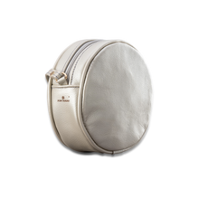 Load image into Gallery viewer, Quality made in America round leather crossbody handbag with leather patch to personalize that can be personalized with initials or monogram