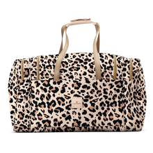 Load image into Gallery viewer, Large Square Duffel - Leopard Coated Canvas Front Angle in Color 'Leopard Coated Canvas'