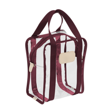 Load image into Gallery viewer, Clear Shag Bag - Burgundy Webbing Front Angle in Color &#39;Burgundy Webbing&#39;
