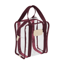 Load image into Gallery viewer, Clear Shag Bag - Burgundy Webbing Front Angle in Color 'Burgundy Webbing'