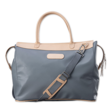 Load image into Gallery viewer, Quality made in America durable coated canvas and natural leather large overnight bag with natural leather patch to personalize with initials or monogram