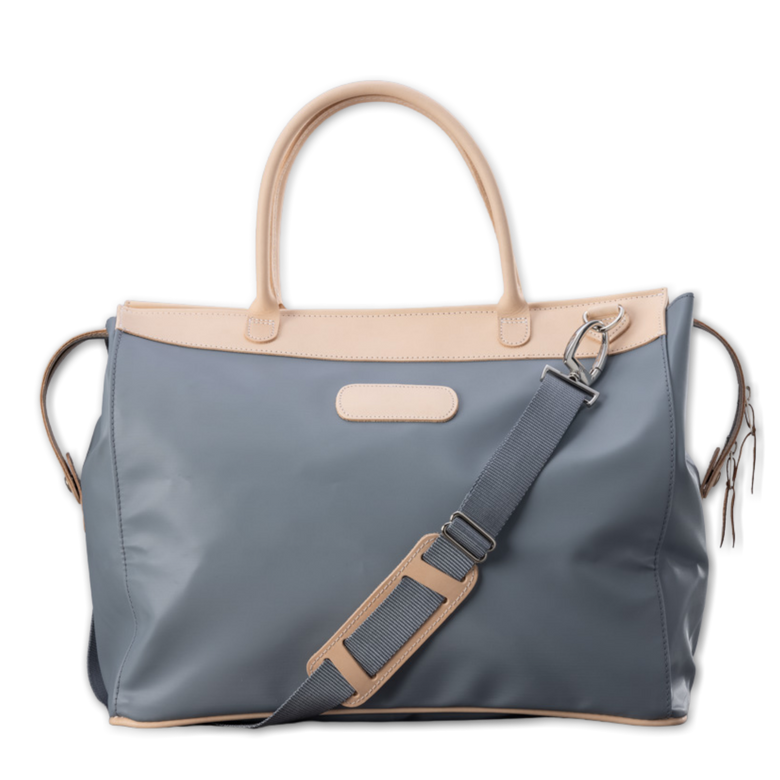Quality made in America durable coated canvas and natural leather large overnight bag with natural leather patch to personalize with initials or monogram