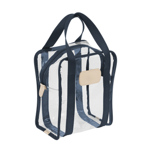 Clear Shag Bag - Navy Webbing Front Angle in Color 'Navy Webbing'