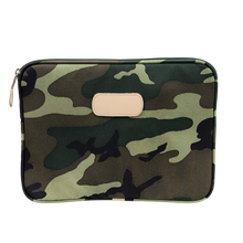 Load image into Gallery viewer, 13&quot; Computer Case - Classic Camo Coated Canvas Front Angle in Color &#39;Classic Camo Coated Canvas&#39;
