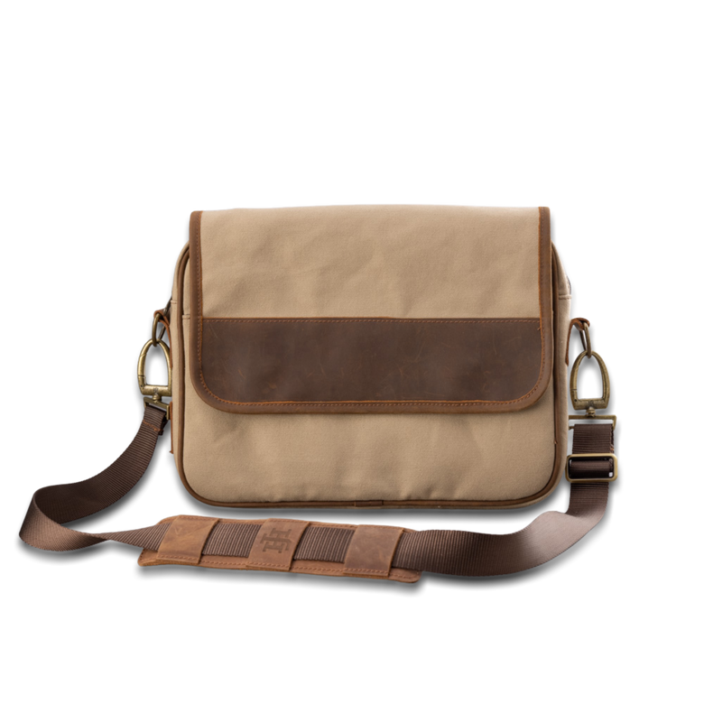Quality made in America cotton canvas and oiled leather computer messenger bag to personalize with initials or monogram
