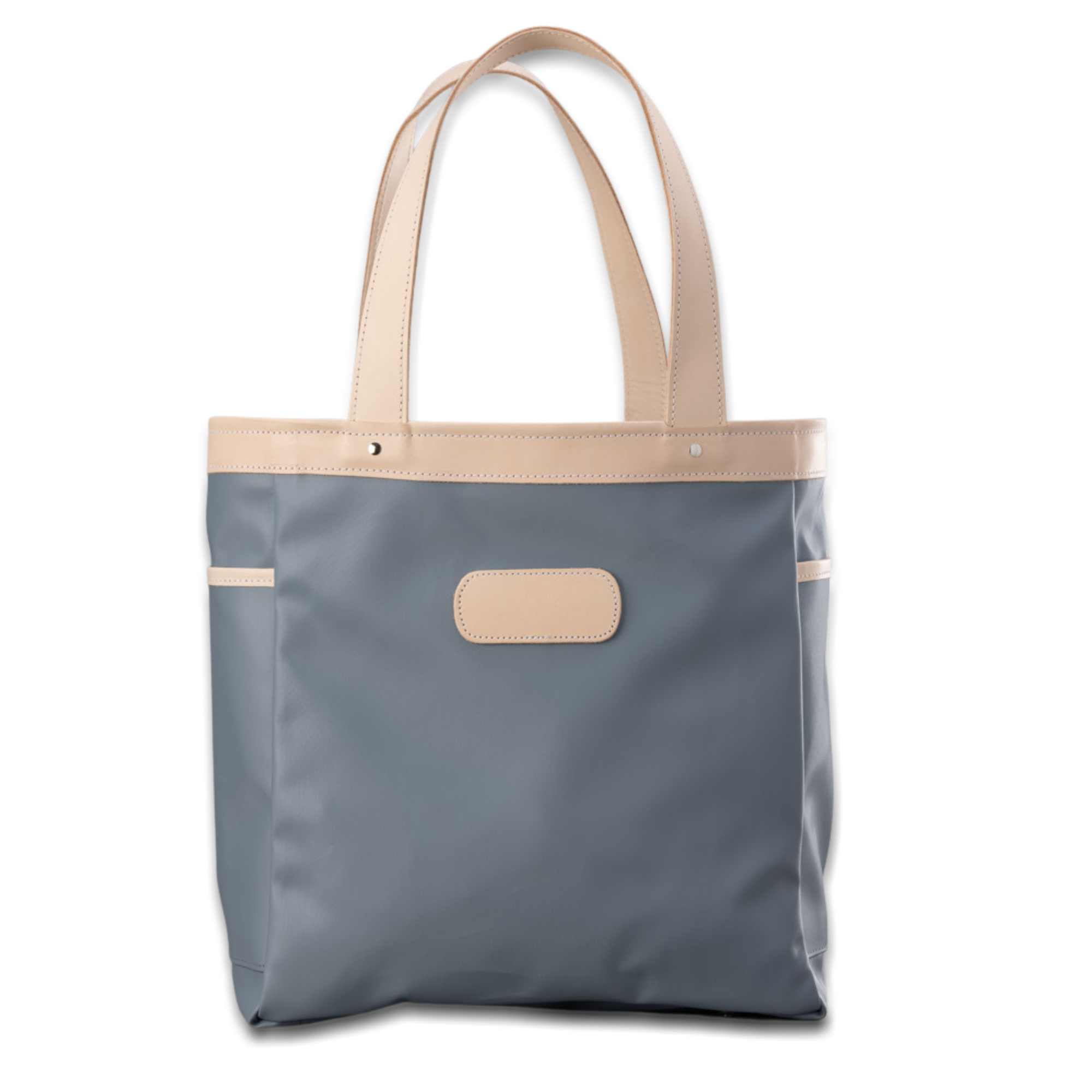 Quality made in America  durable coated canvas and natural leather tote bag with leather patch to personalize with initials or monogram