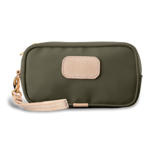 Load image into Gallery viewer, Wristlet - Moss Coated Canvas Front Angle in Color 'Moss Coated Canvas'