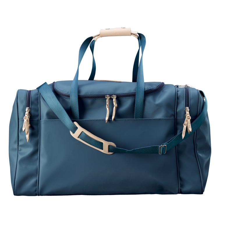 Large Square Duffel - French Blue Coated Canvas Front Angle in Color 'French Blue Coated Canvas'