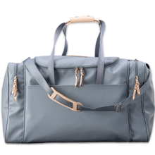 Load image into Gallery viewer, Quality made in America durable coated canvas large duffle bag with natural leather patch to personalize with initials or monogram