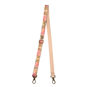 Adjustable Strap 1" - Natural leather with watercolor peony webbing 'Natural leather with watercolor peony webbing'