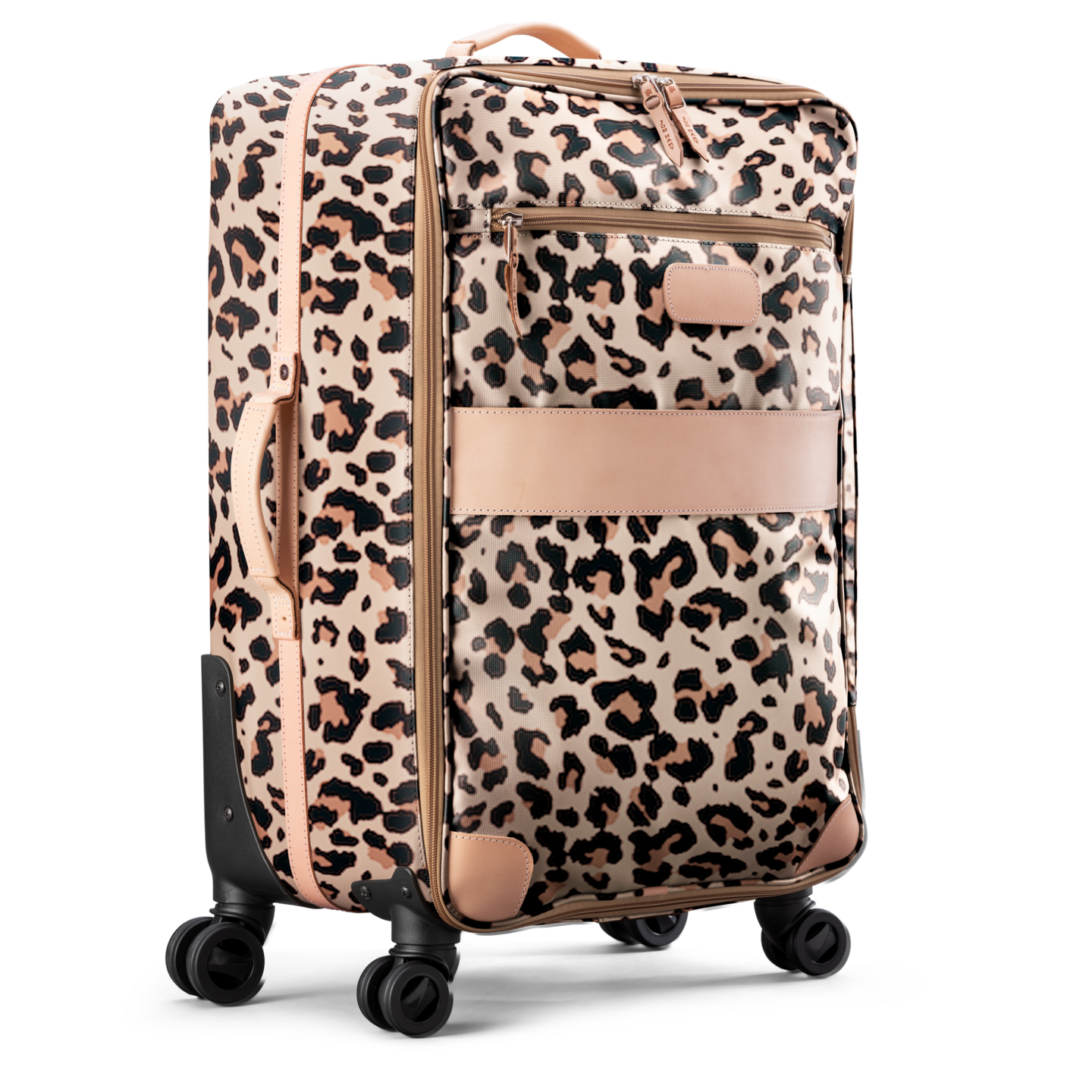 Large 360 wheeled luggage diagonal view in Color 'Leopard Coated Canvas'
