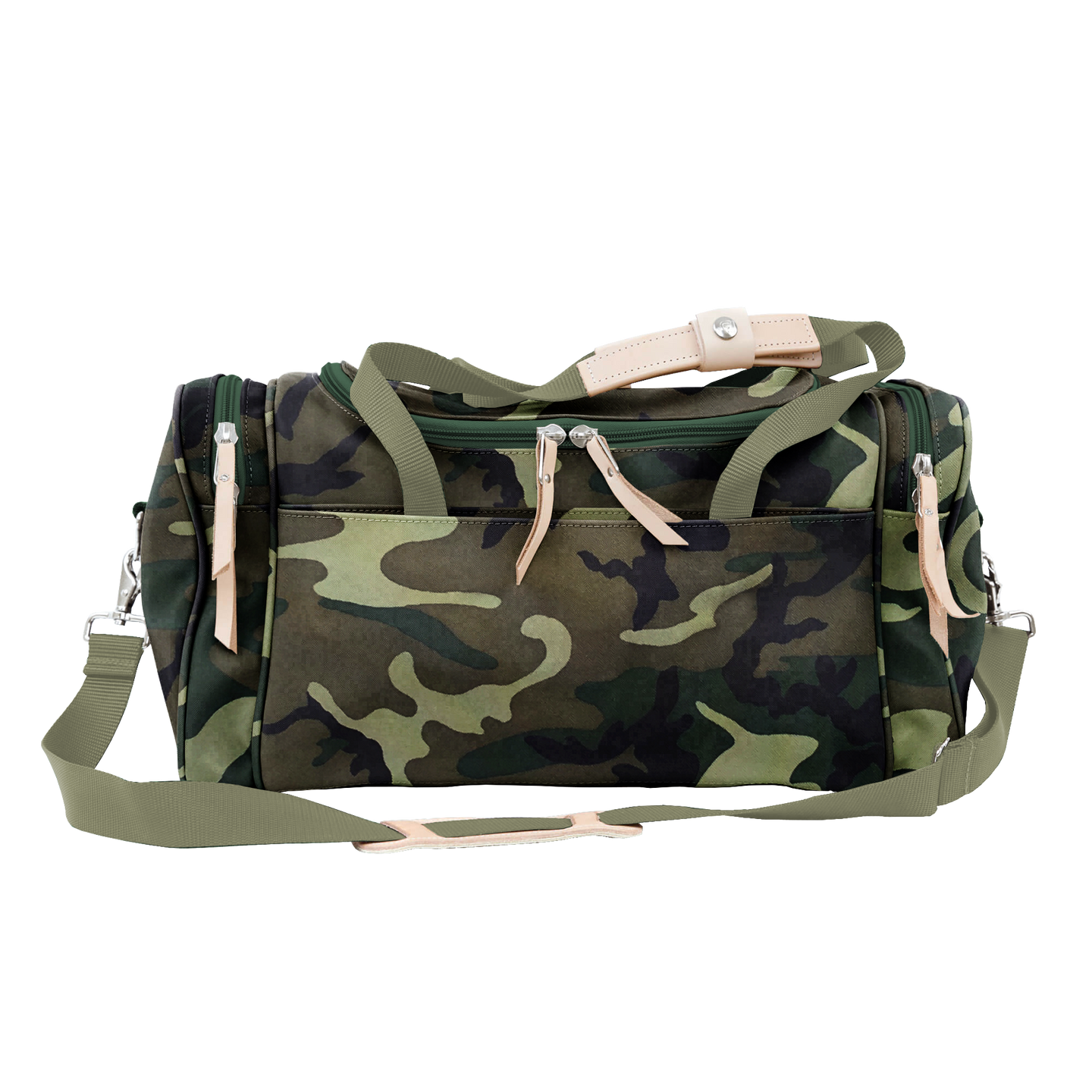 Small Square Duffel - Classic Camo Coated Canvas Front Angle in Color 'Classic Camo Coated Canvas'