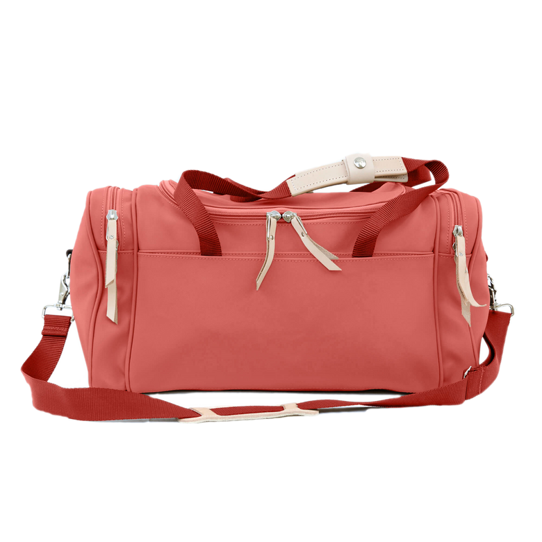 Small Square Duffel - Coral Coated Canvas Front Angle in Color 'Coral Coated Canvas'