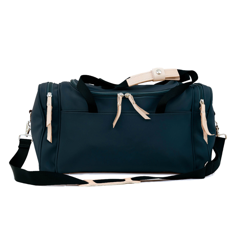Small Square Duffel - Navy Coated Canvas Front Angle in Color 'Navy Coated Canvas'