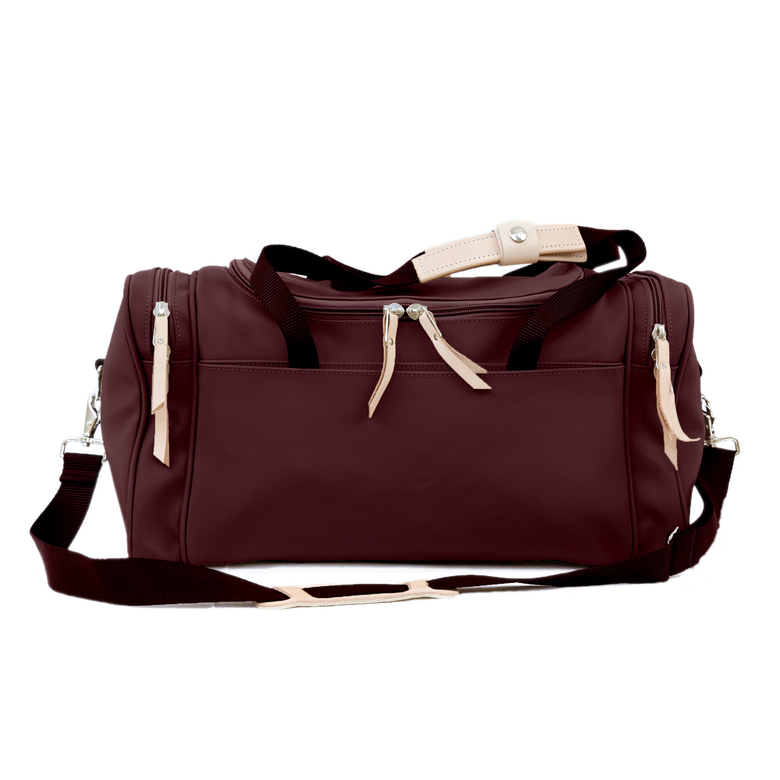 Small Square Duffel - Burgundy Coated Canvas Front Angle in Color 'Burgundy Coated Canvas'