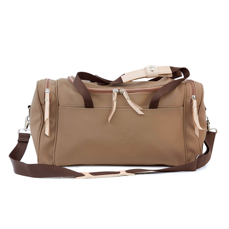 Small Square Duffel - Saddle Coated Canvas Front Angle in Color 'Saddle Coated Canvas'