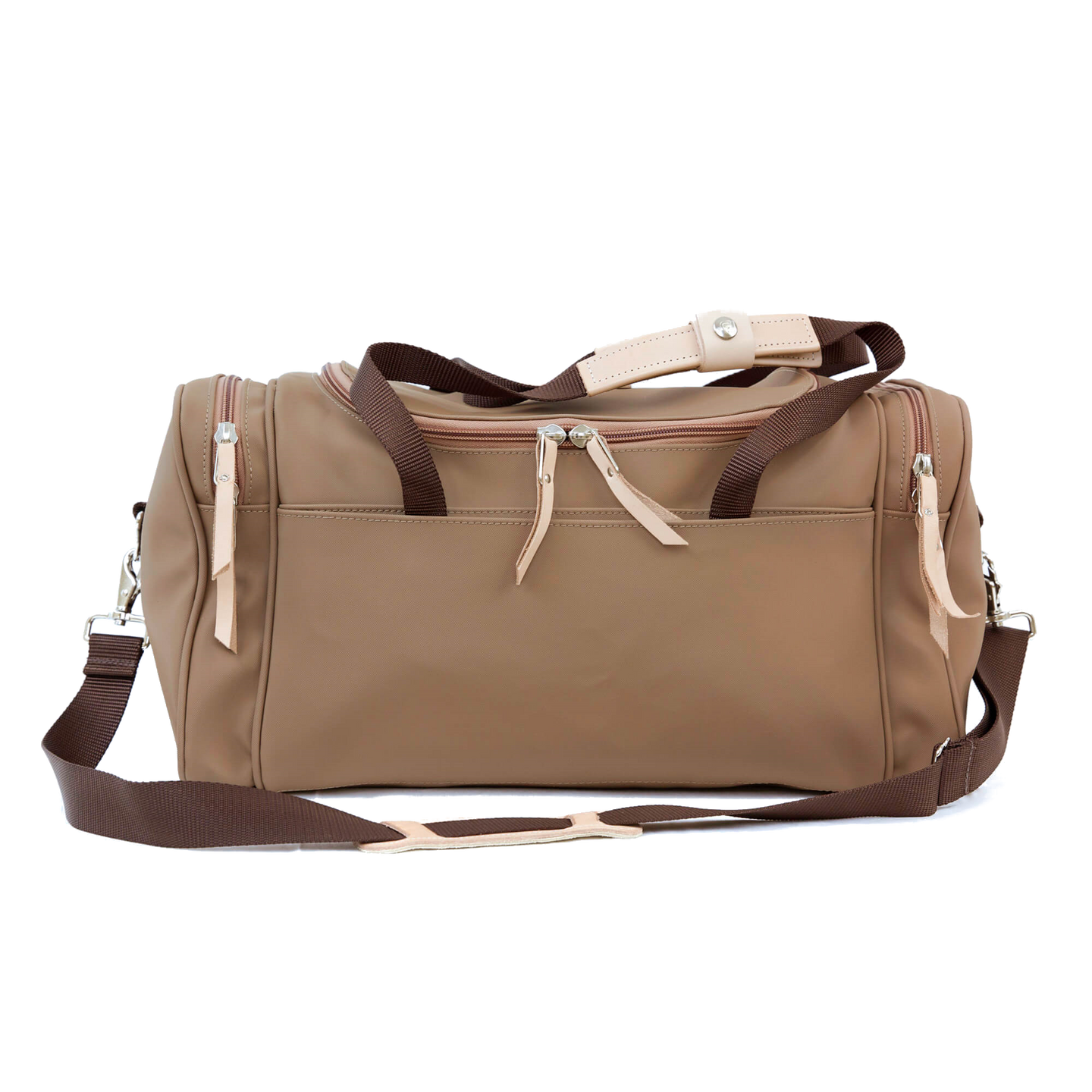 Small Square Duffel - Saddle Coated Canvas Front Angle in Color 'Saddle Coated Canvas'