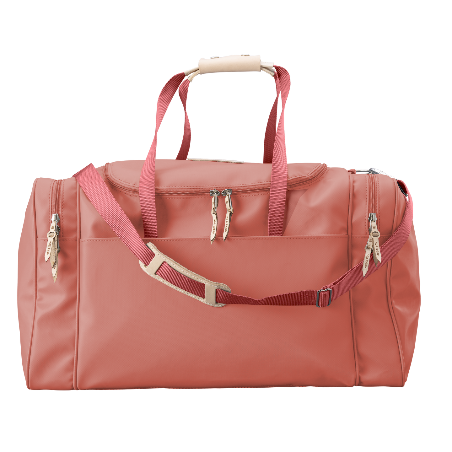 Large Square Duffel - Coral Coated Canvas Front Angle in Color 'Coral Coated Canvas'