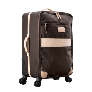 Large 360 wheeled luggage diagonal view in Color 'Espresso Coated Canvas'