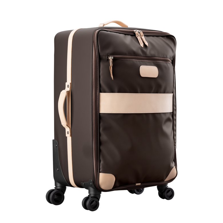 Large 360 wheeled luggage diagonal view in Color 'Espresso Coated Canvas'
