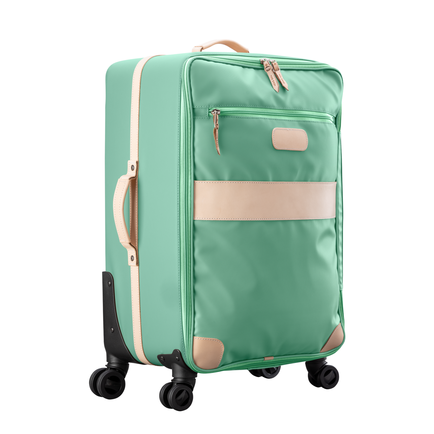 Large 360 wheeled luggage diagonal view in Color 'Mint Coated Canvas'