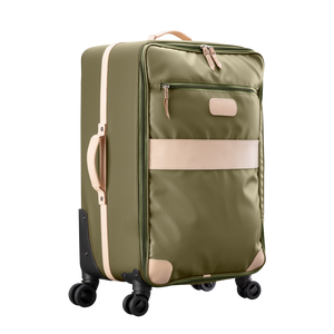Large 360 wheeled luggage diagonal view in Color 'Moss Coated Canvas'
