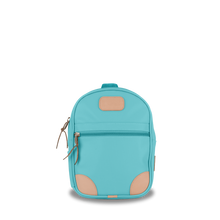 Load image into Gallery viewer, Mini Backpack  Front Angle in Color &#39;Ocean Blue Coated Canvas&#39;
