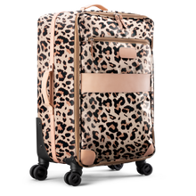 Load image into Gallery viewer, Large 360 wheeled luggage diagonal view in Color &#39;Leopard Coated Canvas&#39;
