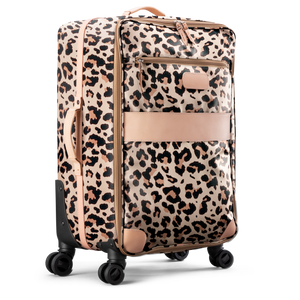 Large 360 wheeled luggage diagonal view in Color 'Leopard Coated Canvas'