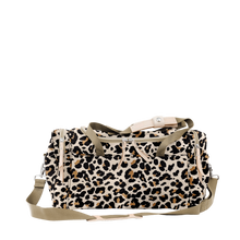 Load image into Gallery viewer, Small Square Duffel - Leopard Coated Canvas Front Angle in Color &#39;Leopard Coated Canvas&#39;
