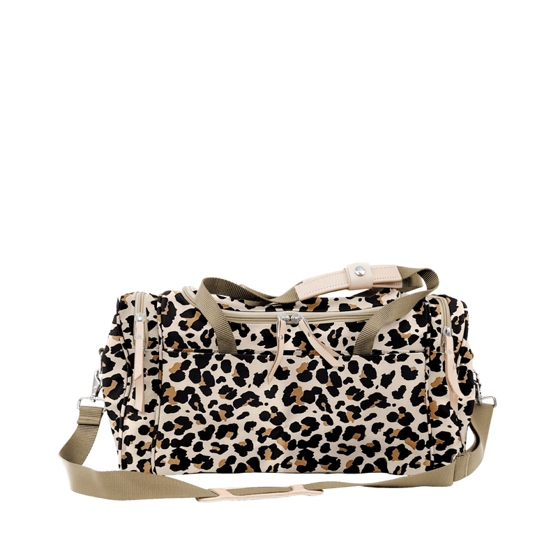 Small Square Duffel - Leopard Coated Canvas Front Angle in Color 'Leopard Coated Canvas'