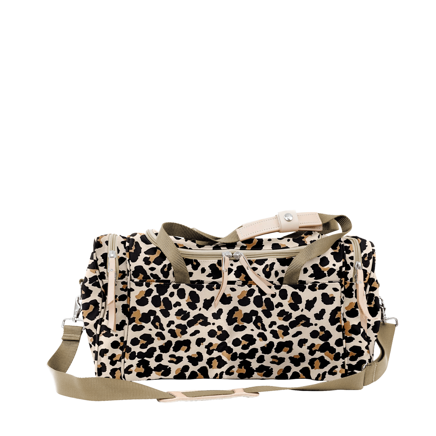 Small Square Duffel - Leopard Coated Canvas Front Angle in Color 'Leopard Coated Canvas'