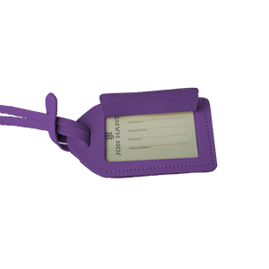 Luggage Tag - Plum Leather Front Angle in Color 'Plum Leather'