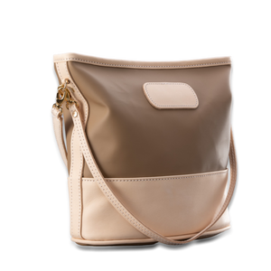 quality made in america natural leather and coated canvas crossbody handbag that comes with two straps and patch to personalize
