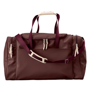 Large Square Duffel - Burgundy Coated Canvas Front Angle in Color 'Burgundy Coated Canvas'