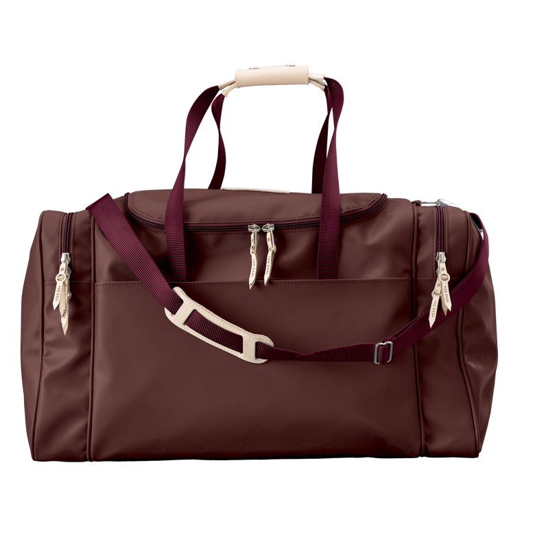 Large Square Duffel - Burgundy Coated Canvas Front Angle in Color 'Burgundy Coated Canvas'