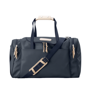 Medium Square Duffel - Navy Coated Canvas Front Angle in Color 'Navy Coated Canvas'