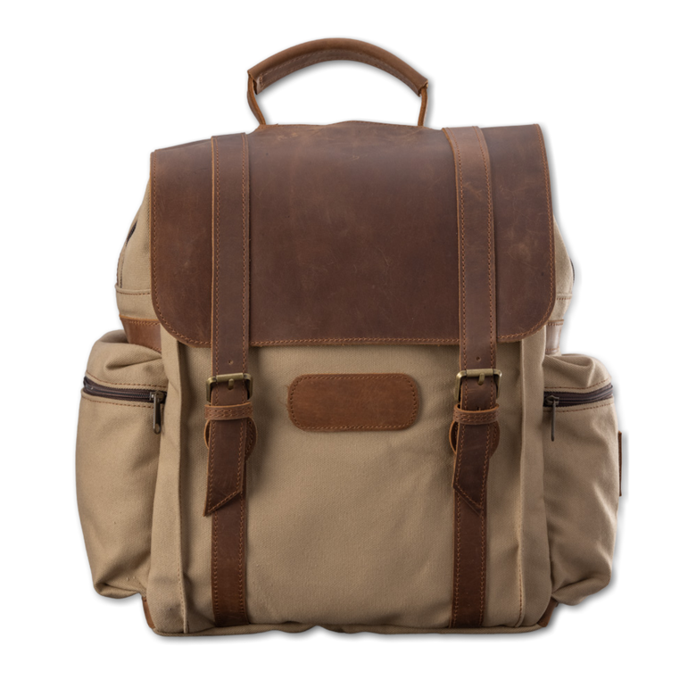 Quality made in America cotton canvas and oiled leather computer backpack to personalize with initials or monogram